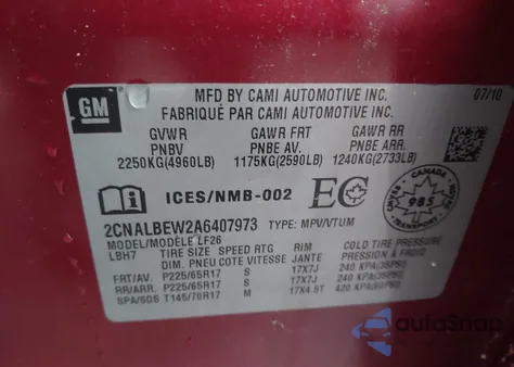 2010 Chevrolet Equinox Ls from USA, damaged, VIN 2CNALBEW2A6407973